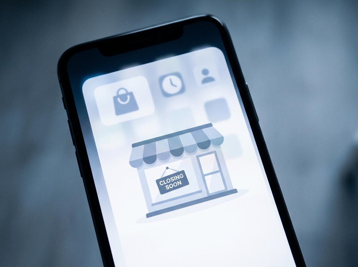 A conceptual image of a smartphone screen showing a storefront with a 'Closing Soon' sign hanging on the digital glass, minimalist modern app icons fading in the background, soft blue and gray color palette, high contrast, no text, 4:3