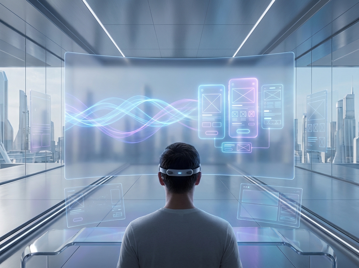 A futuristic digital workspace showing a glowing AI interface where human thoughts are converted into app designs, ethereal waves of blue and purple light, high-tech minimalist aesthetic, no text, 4:3