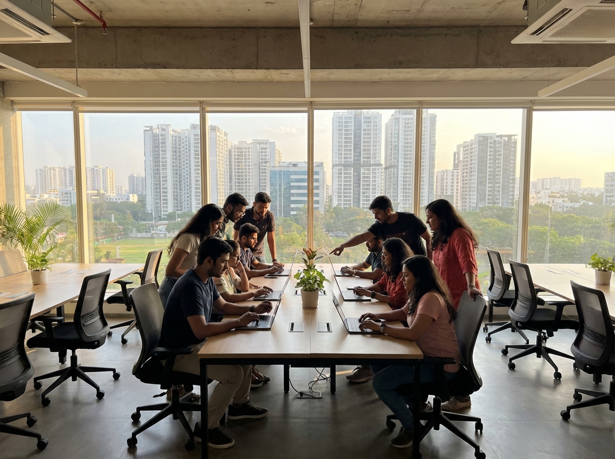 A bright and modern office interior in Bengaluru India, tech professionals collaborating with laptops, large windows with city view, warm natural lighting, contemporary furniture, no text, 4:3