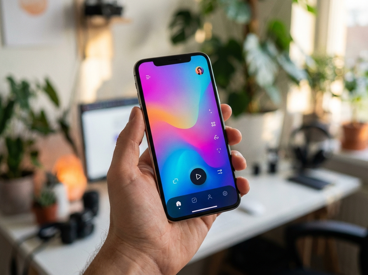 A hand holding a premium smartphone displaying a vibrant and sleek mobile application UI, soft bokeh background of a creative studio, professional photography, natural colors, no text, 4:3