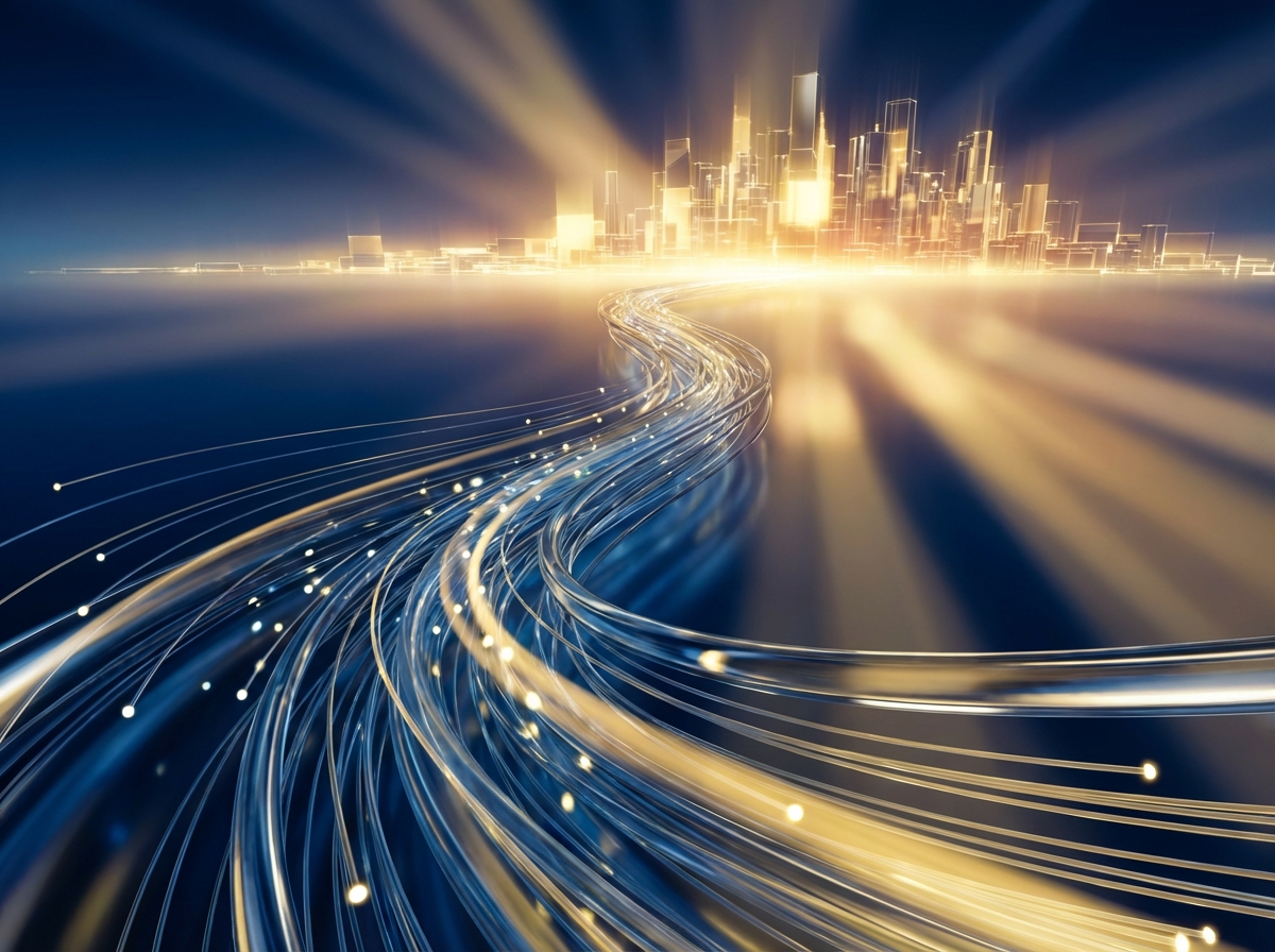 An abstract 3D composition showing glowing data streams ascending towards a bright horizon, symbolic of rapid growth and technological progress, deep blue and golden light accents, high quality render, 4:3