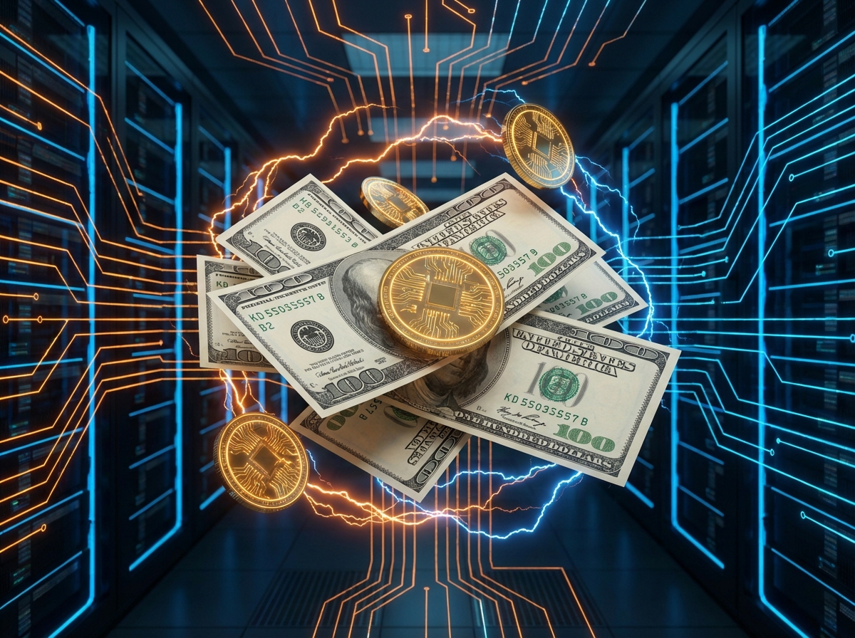 A pile of crisp cash bills and digital gold coins floating in a high-tech financial network, glowing orange and blue sparks, modern 3D rendering, rich textures, professional lighting, 4:3