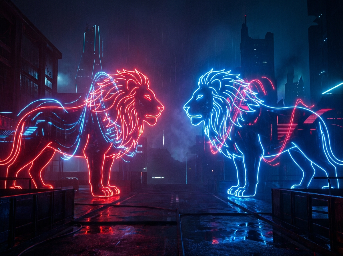 Two stylized lions facing each other on a dark background, representing media giants, neon lighting in red and blue, cinematic composition, epic atmosphere, no text, 4:3