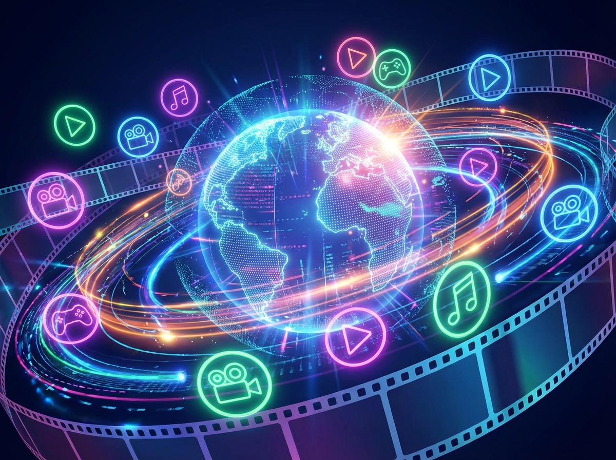 A glowing digital globe surrounded by streaming media icons and cinematic film strips, vibrant colors, futuristic layout, high quality digital art, clean composition, 4:3