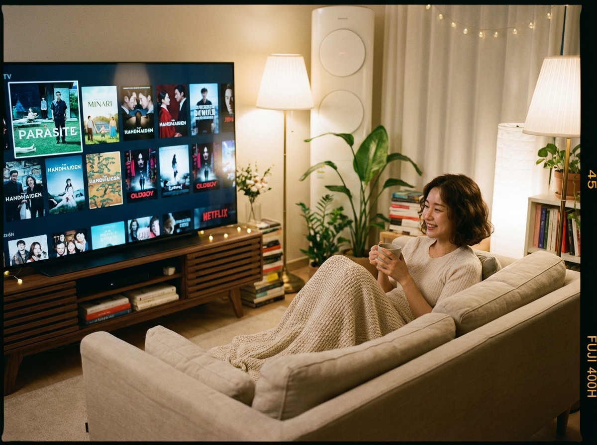 A Korean person sitting comfortably on a soft sofa in a warm cozy living room, watching a large high-definition TV with various movie covers visible on screen, soft ambient lighting, natural lifestyle photography, 4:3