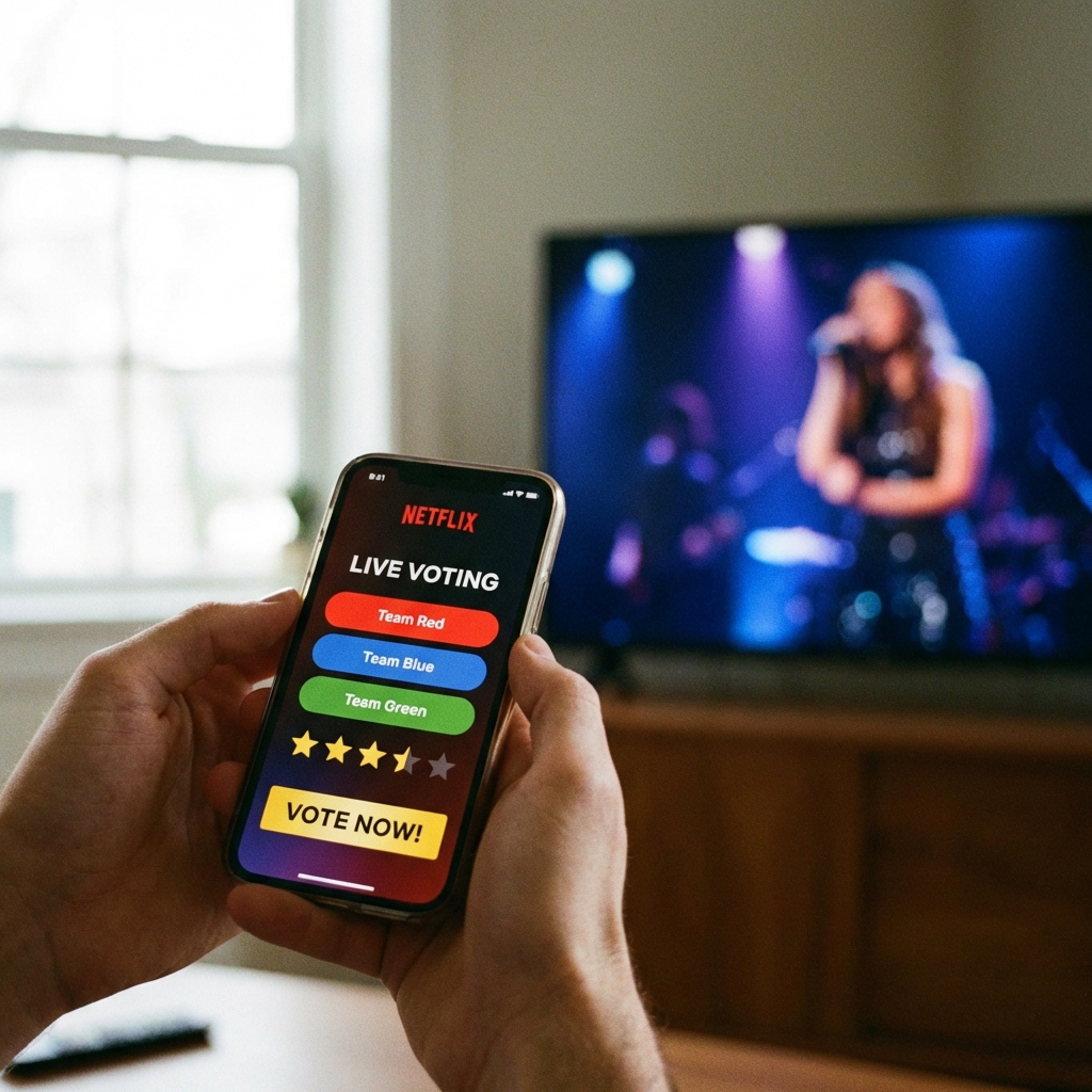 A close-up of a person's hands holding a smartphone with the Netflix app open. The screen shows a live voting interface with colorful buttons and a 5-star rating scale. In the background, a blurred TV screen shows a stage performance. Natural lighting, 1:1