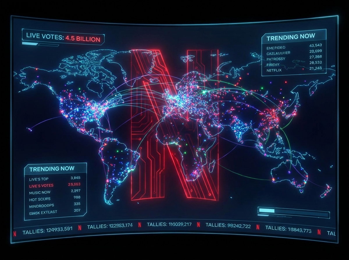 A high-tech digital graphic showing a world map with glowing dots representing live votes being cast in real-time. The Netflix logo is subtly integrated into the background. Vibrant neon colors, futuristic UI design, 4:3