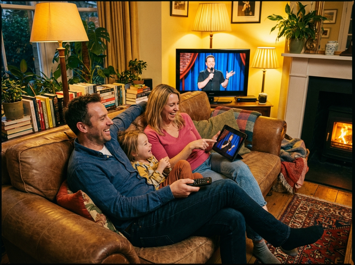 A cozy living room scene where a family of three is sitting together on a couch, laughing and looking at a TV screen. One person holds a remote while another points at a tablet showing the same live show. Warm lighting, happy atmosphere, 4:3