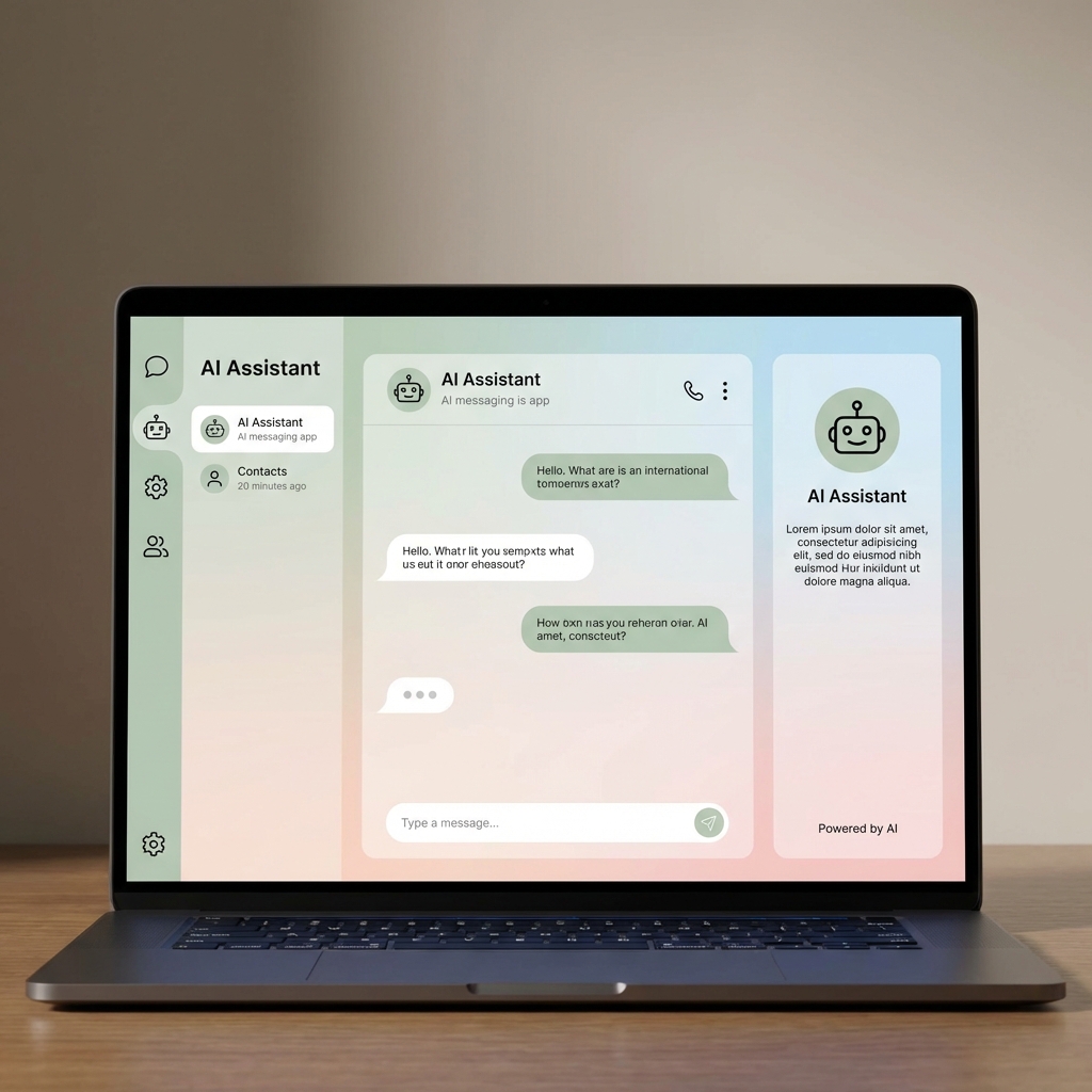 Minimalist software user interface design for an AI messaging app on a laptop screen. Soft pastel background with elegant icons and smooth layouts. Clean and high contrast. 1:1