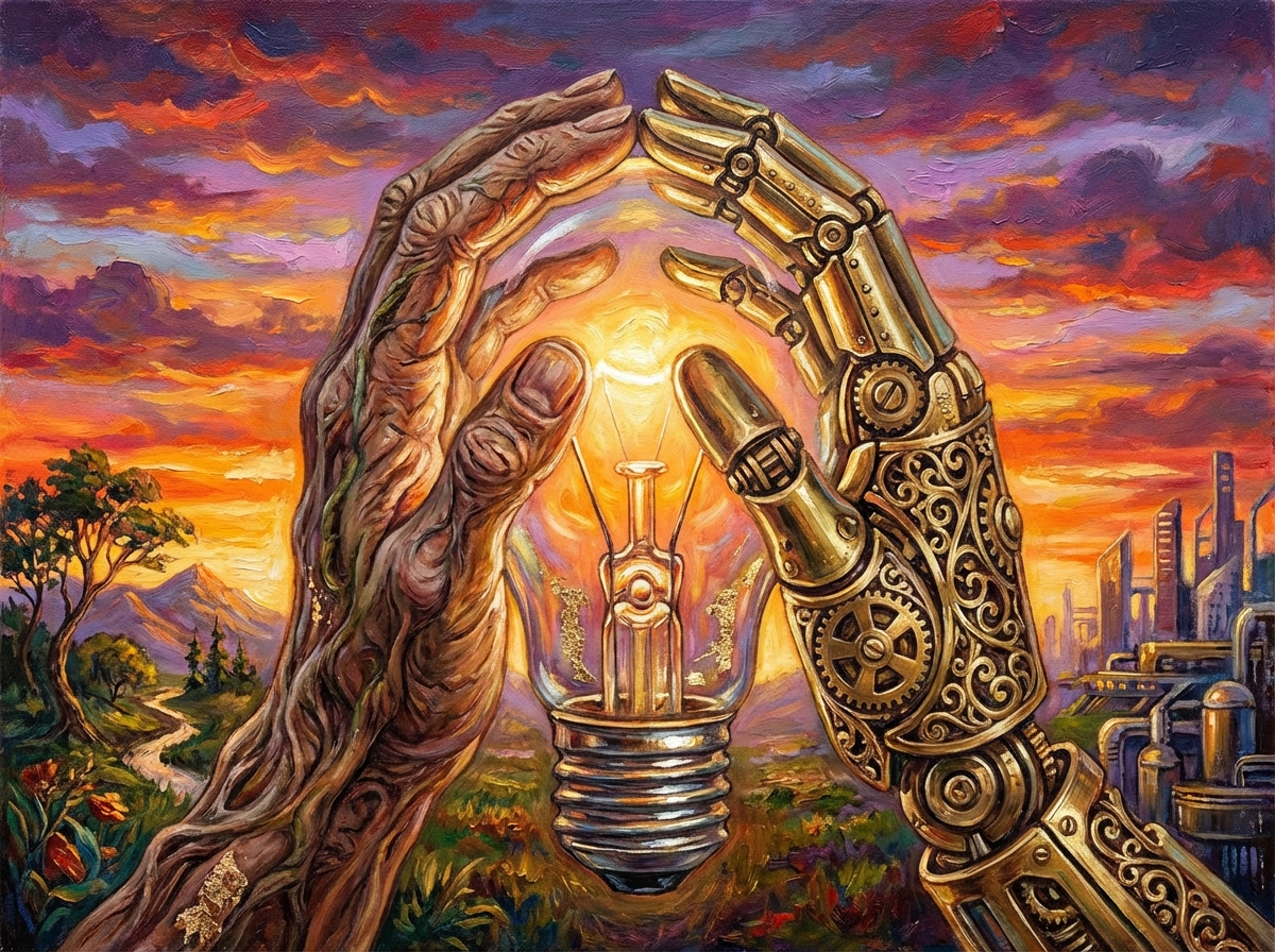 A symbolic illustration of a human hand and a robotic hand coming together to form a light bulb shape. Artistic rendering with rich textures and a vibrant sunset background. 4:3