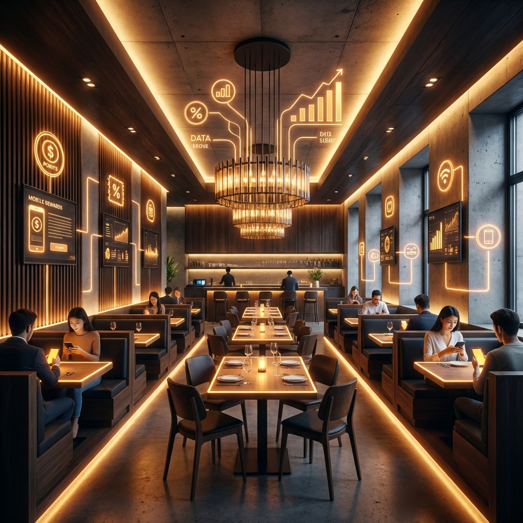 A modern restaurant interior with a digital glow representing mobile reward technology, clean infographic style, high contrast, warm lighting. 1:1