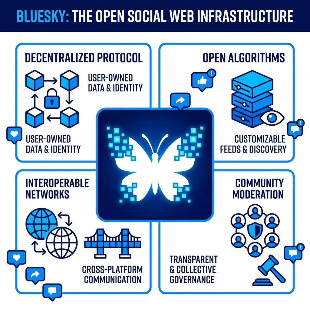 A modern infographic featuring the Bluesky butterfly logo with digital block symbols and social media interface elements, high contrast, clean layout, vibrant blue and white color palette, 1:1