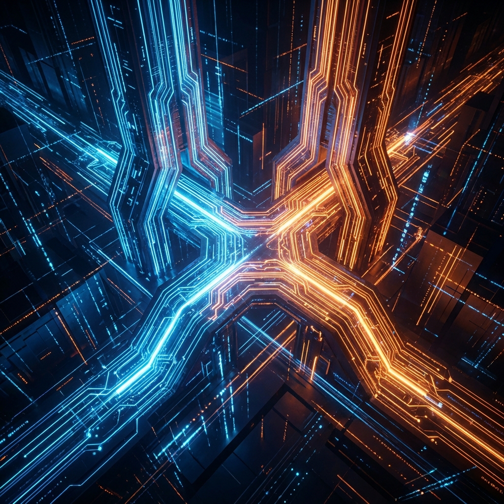 Abstract representation of two major technology companies collaborating, glowing digital circuits connecting in a futuristic environment, high contrast, blue and orange lighting, 1:1