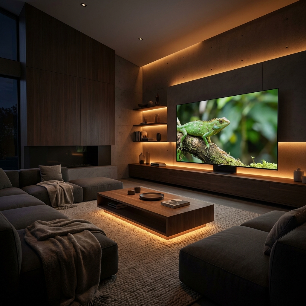 A futuristic home theater setup with a sleek ultra thin TV, minimalist furniture, warm ambient lighting, cozy atmosphere, high quality photography, 1:1