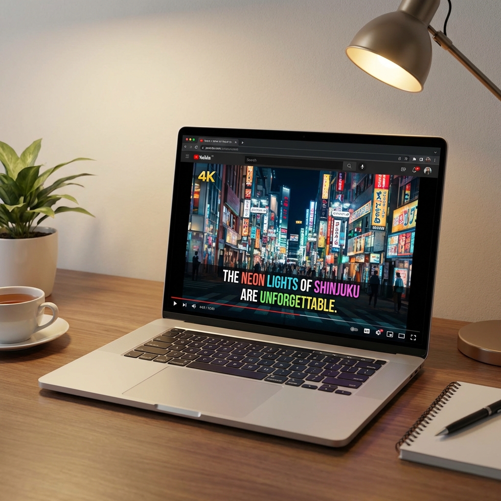 A high-quality photo of a modern laptop screen showing a YouTube video player. The video has vibrant subtitles at the bottom. The setting is a minimalist home office with warm ambient lighting. 1:1