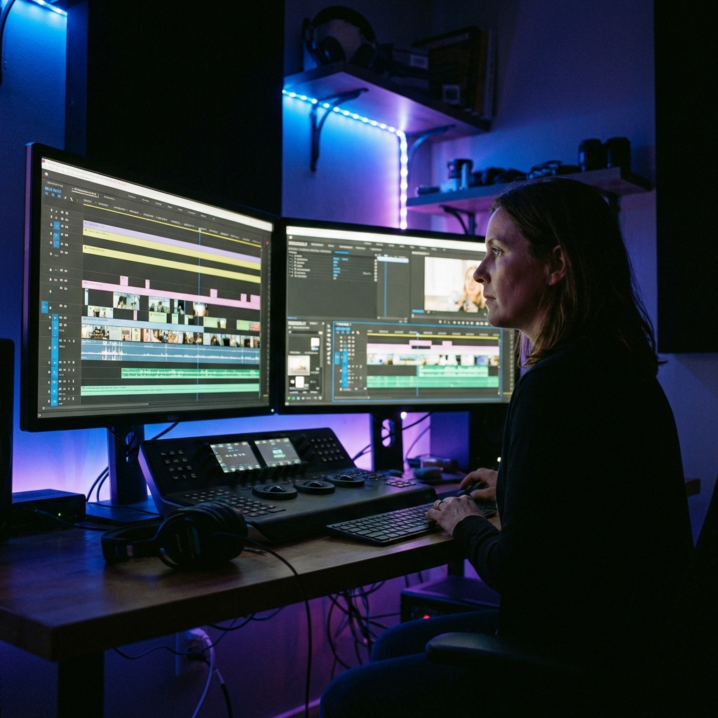 A professional video editor sitting in front of dual monitors, working on complex subtitle timelines. The room is dimly lit with blue and purple LED accents. 1:1