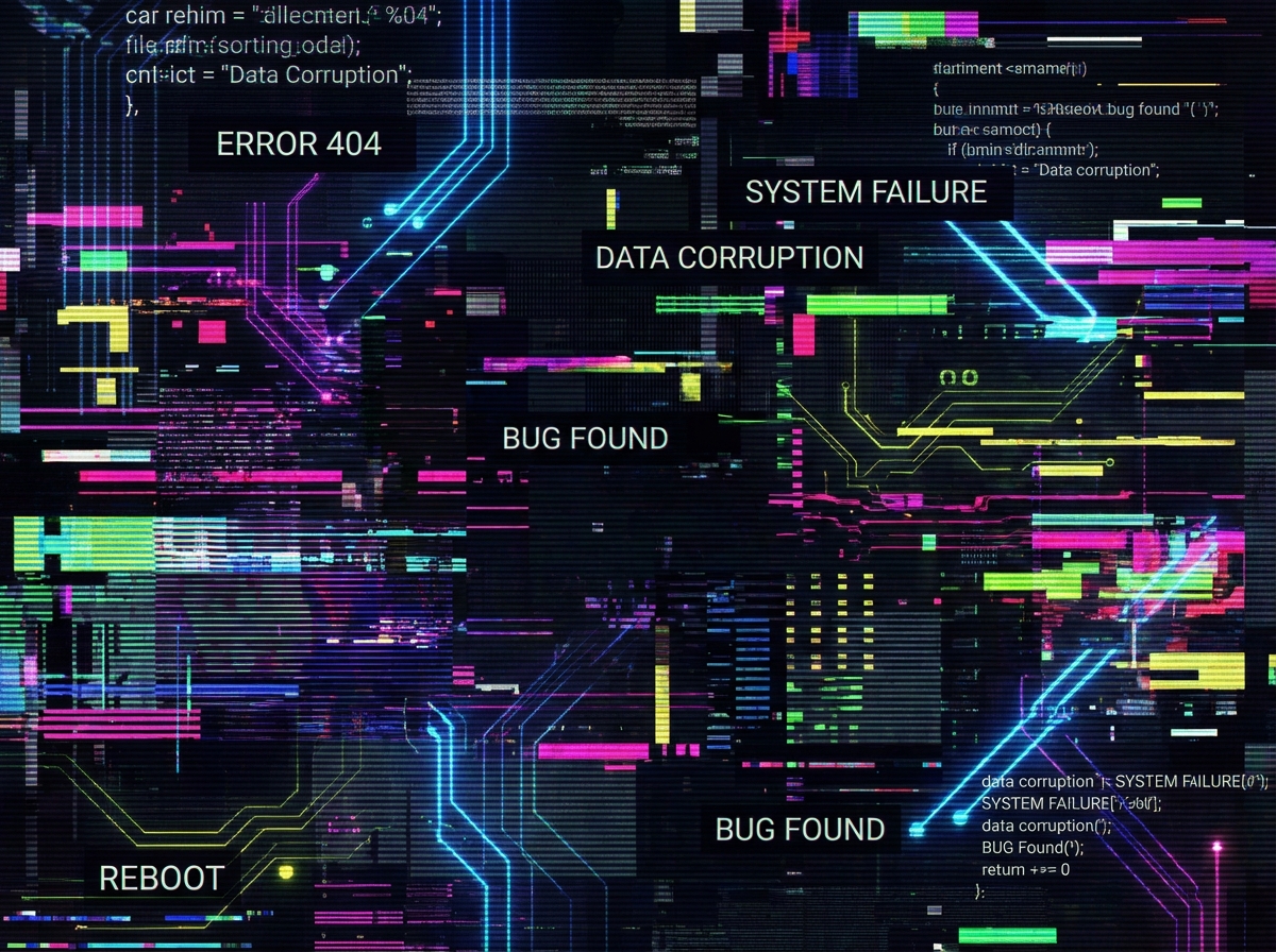 An abstract digital background with glitch effects and floating text fragments, symbolizing a software bug or playback error. High contrast with dark and neon colors. 4:3