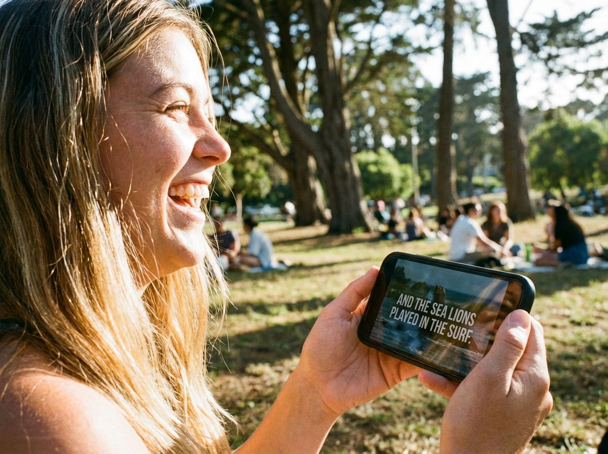 A happy person holding a smartphone and watching a video with clear, easy-to-read white subtitles. Outdoor park setting with natural sunlight. 4:3