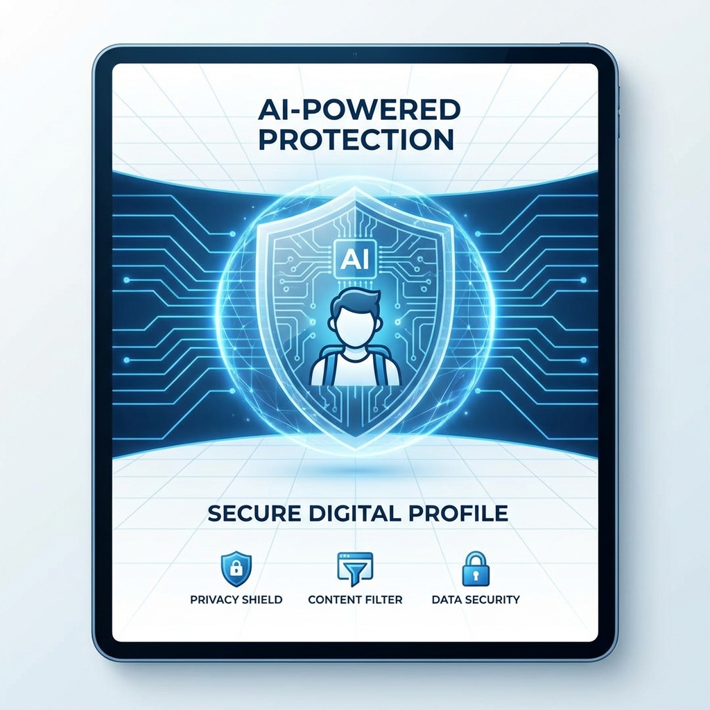 A clean infographic showing an AI shield protecting a young person profile icon on a digital screen, modern blue and white color palette, professional tech layout, high contrast, 1:1