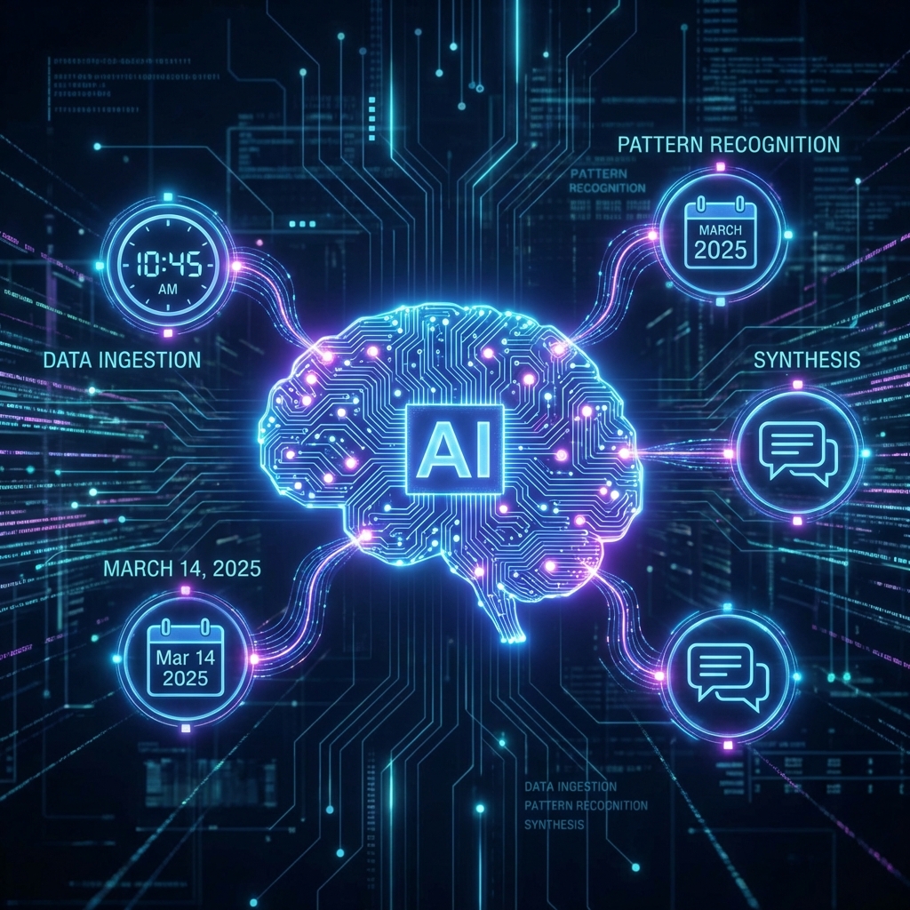 Digital visualization of data points like a clock, calendar, and chat bubbles being analyzed by a central AI brain, glowing lines connecting nodes, dark futuristic background, 1:1