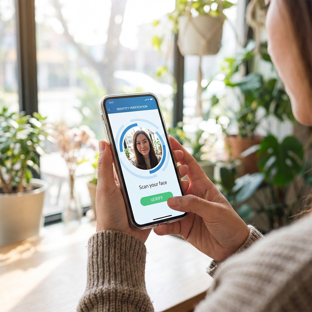 A person holding a smartphone showing an identity verification app screen with a camera viewfinder, modern clean interface, natural indoor lighting, lifestyle photography, 1:1
