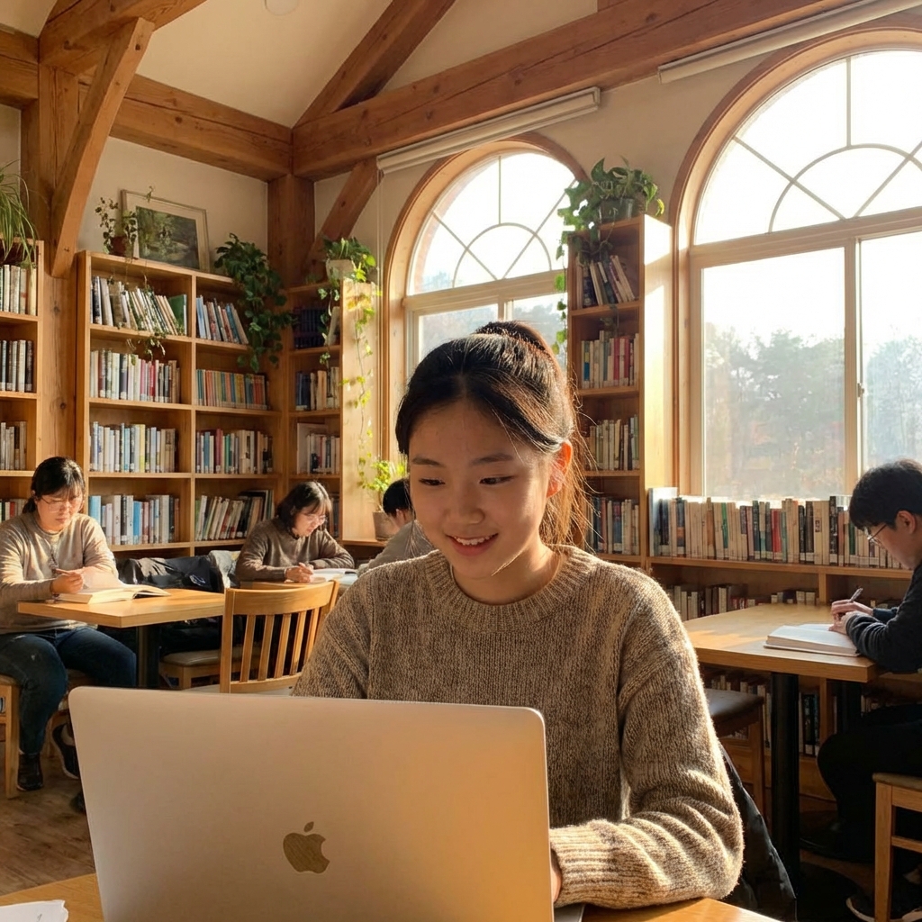 A Korean teenager using a laptop in a bright cozy library, peaceful atmosphere, warm sunlight through the window, focused and happy expression, high quality photography, 1:1