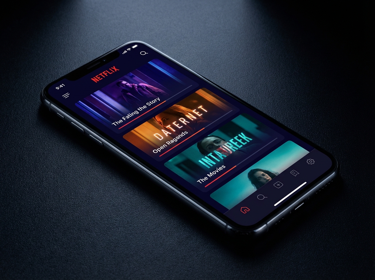 A modern smartphone displaying a sleek Netflix mobile app interface with vertical video feed elements, high contrast vibrant colors, cinematic lighting, 4:3