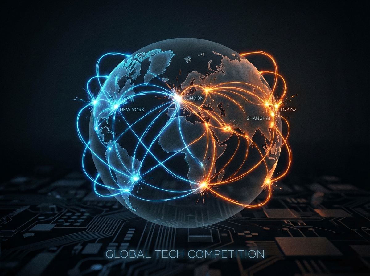 A conceptual illustration representing global tech competition. Glowing digital lines connecting major cities on a stylized globe. Two different colors of light, blue and orange, are clashing over the map. Modern artistic style with a dark textured background. 4:3