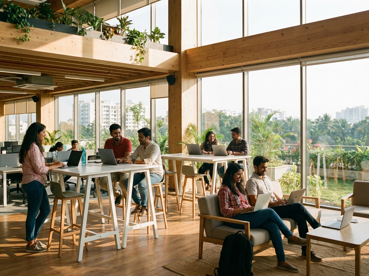 A high-tech modern office in Bangalore India with young professionals working on computers, warm natural lighting from large windows, lifestyle photography style, 4:3 aspect ratio, no text.