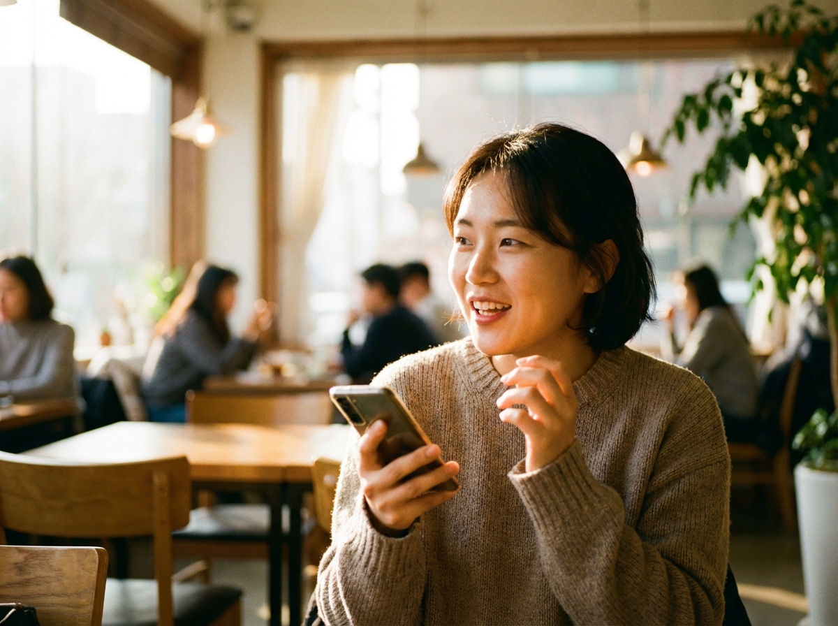A person in a casual cafe holding a smartphone and talking naturally, soft focus background, warm lighting, Korean appearance, lifestyle photography, 4:3 aspect ratio, no text.