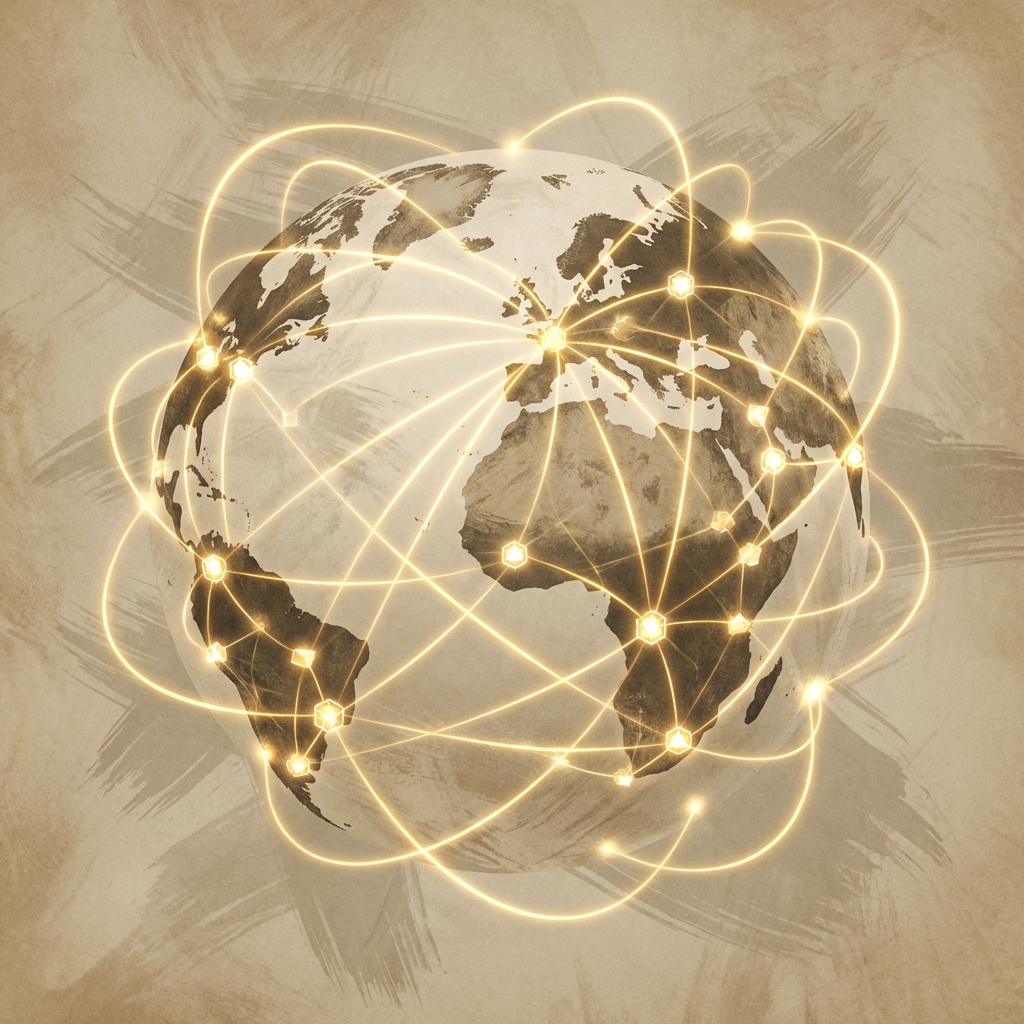 Concept of global investment and technology growth, golden light trails connecting digital nodes over a stylized world map, artistic rendering, textured background, 1:1 aspect ratio, no text.