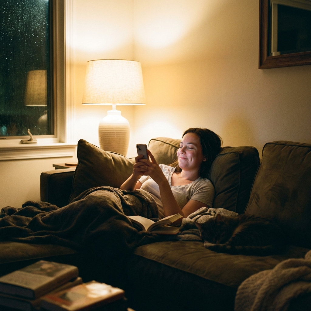 A person leaning back on a comfortable sofa at night, with a soft lamp light. They are looking at their smartphone with a peaceful expression, as if having a healing conversation. Lifestyle photography, warm tones, serene atmosphere. 1:1