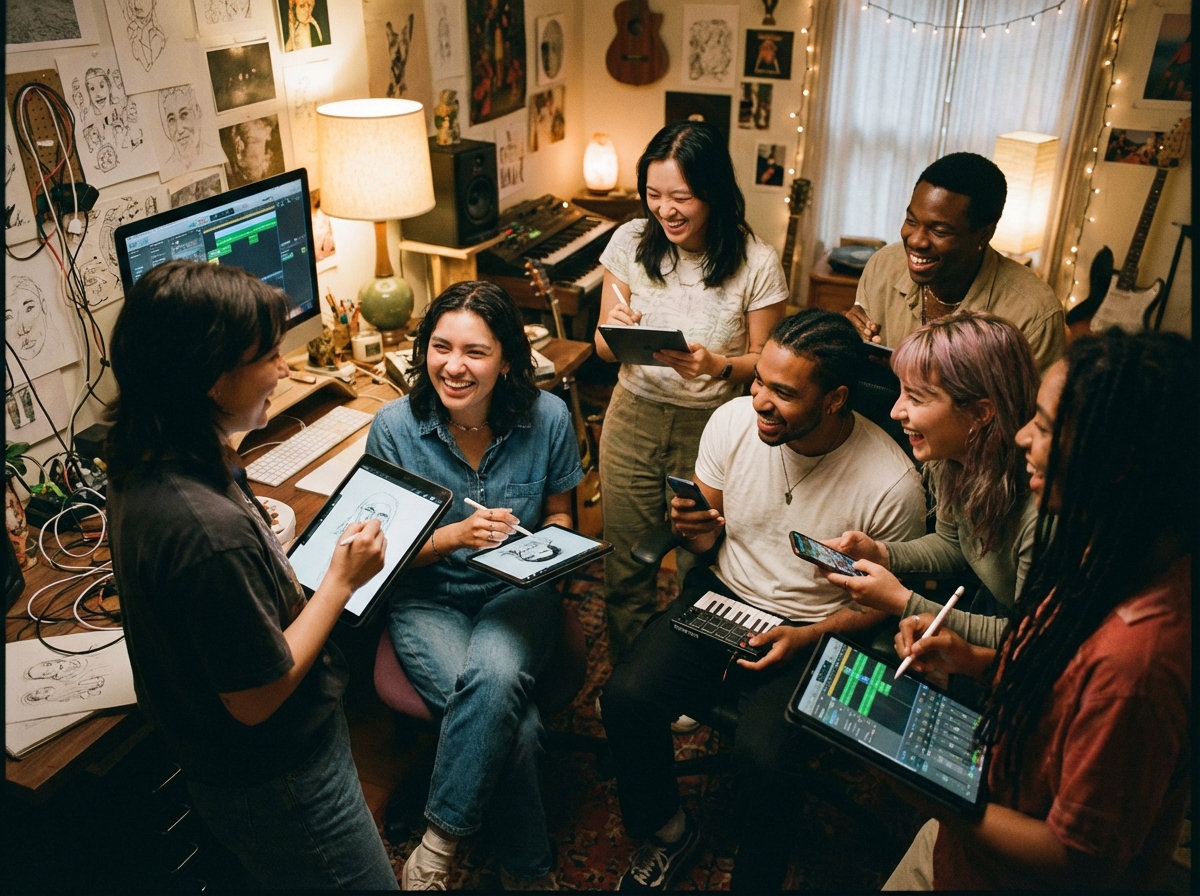 A diverse group of young adults in a creative studio, each using their tablets and phones to create digital art and music. High energy and collaborative environment with soft artistic lighting. 4:3