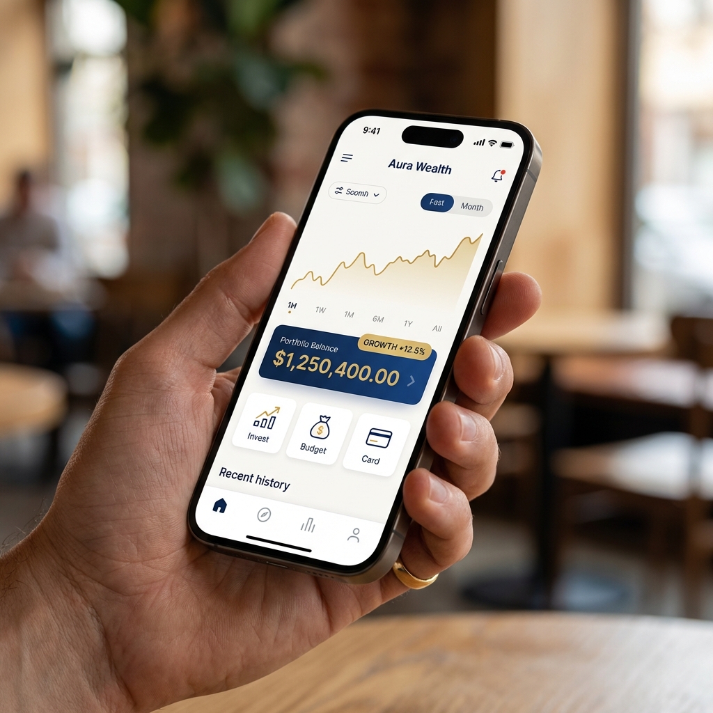 A close-up shot of a hand holding a sleek smartphone showing a clean and aesthetic financial management app with gold and blue color themes. Detailed and high-quality composition. 1:1