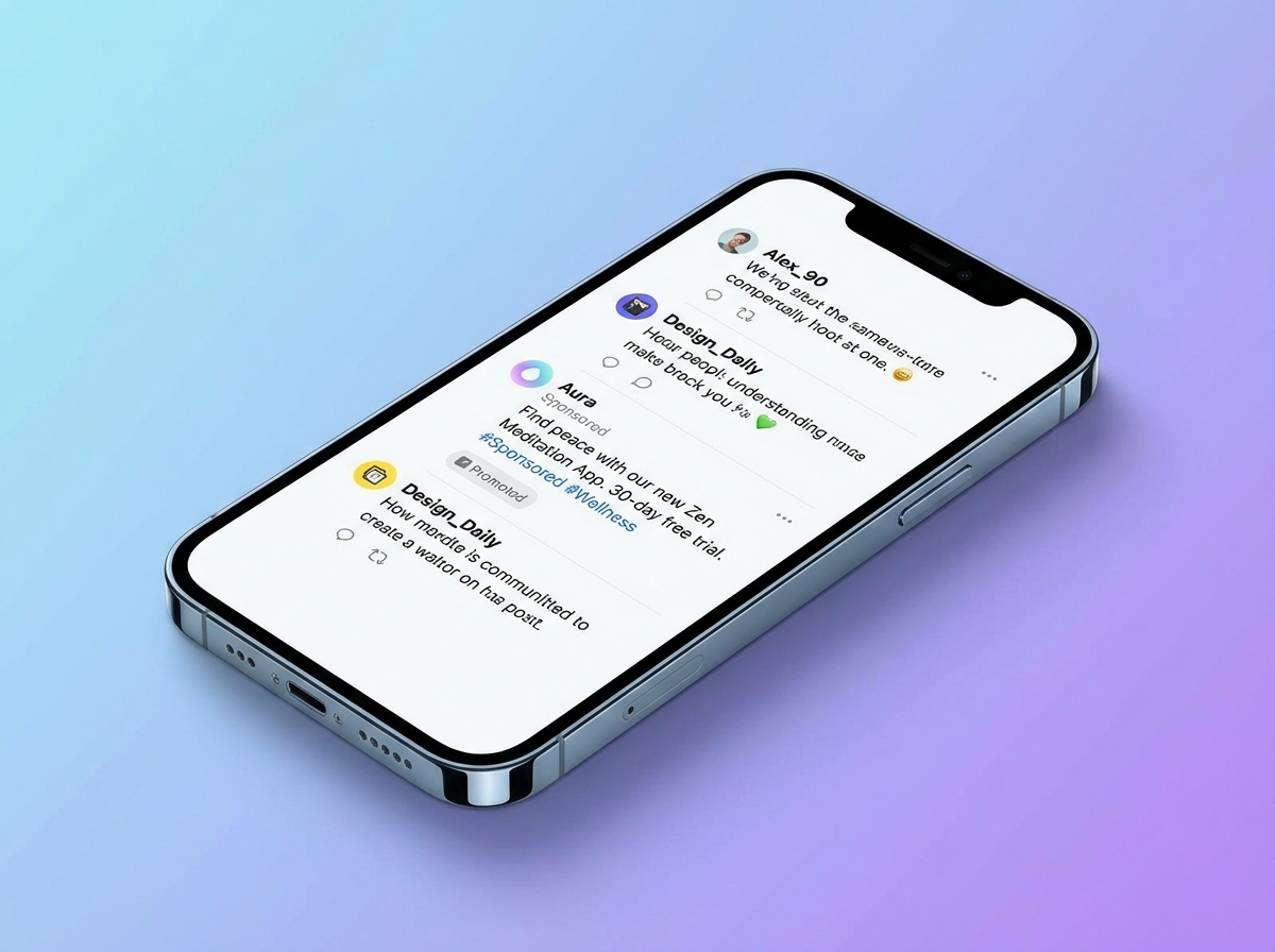 A sleek smartphone displaying a modern social media feed with a subtle sponsored advertisement post. The interface is clean and minimalist, inspired by a text-based social app. The lighting is bright and professional, with a soft gradient background in shades of blue and purple. 4:3
