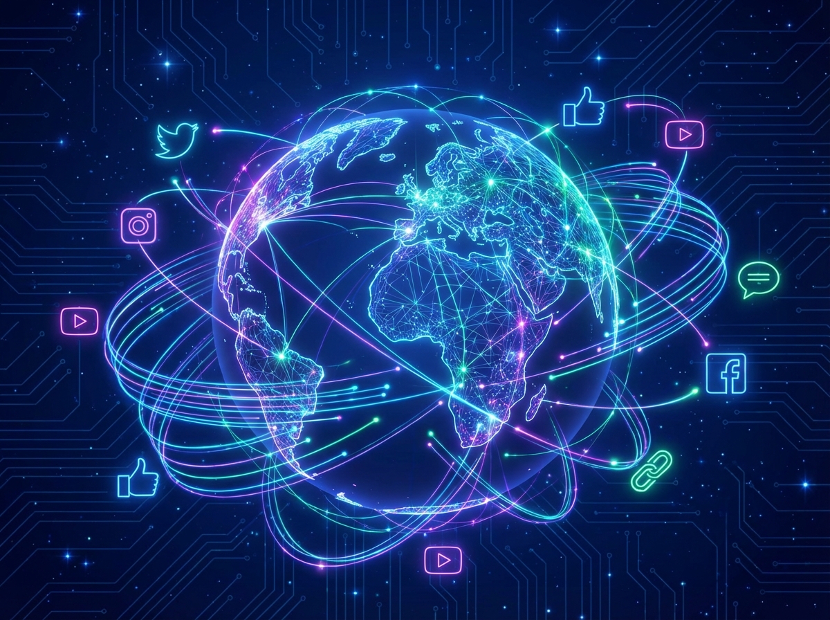 A vibrant illustration showing a stylized globe connected by glowing lines of communication and social media icons. The style is modern and digital, with a deep blue background and neon accents. No text is visible. 4:3