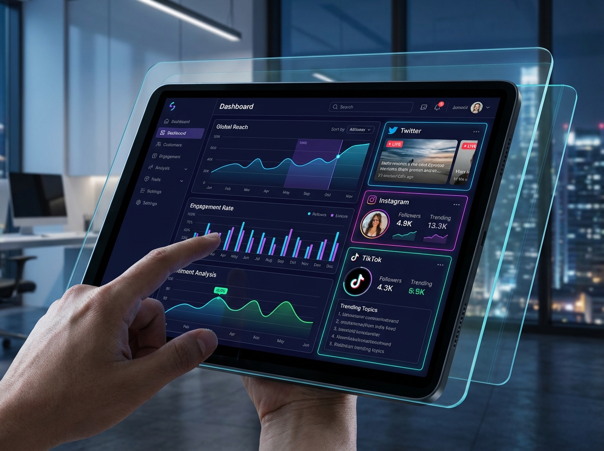 A high-tech digital dashboard showing various analytics graphs and social media metrics in a clean, modern interface. The color palette is professional, featuring dark modes with vibrant neon highlights. A person’s hand is seen touching a tablet screen. 4:3