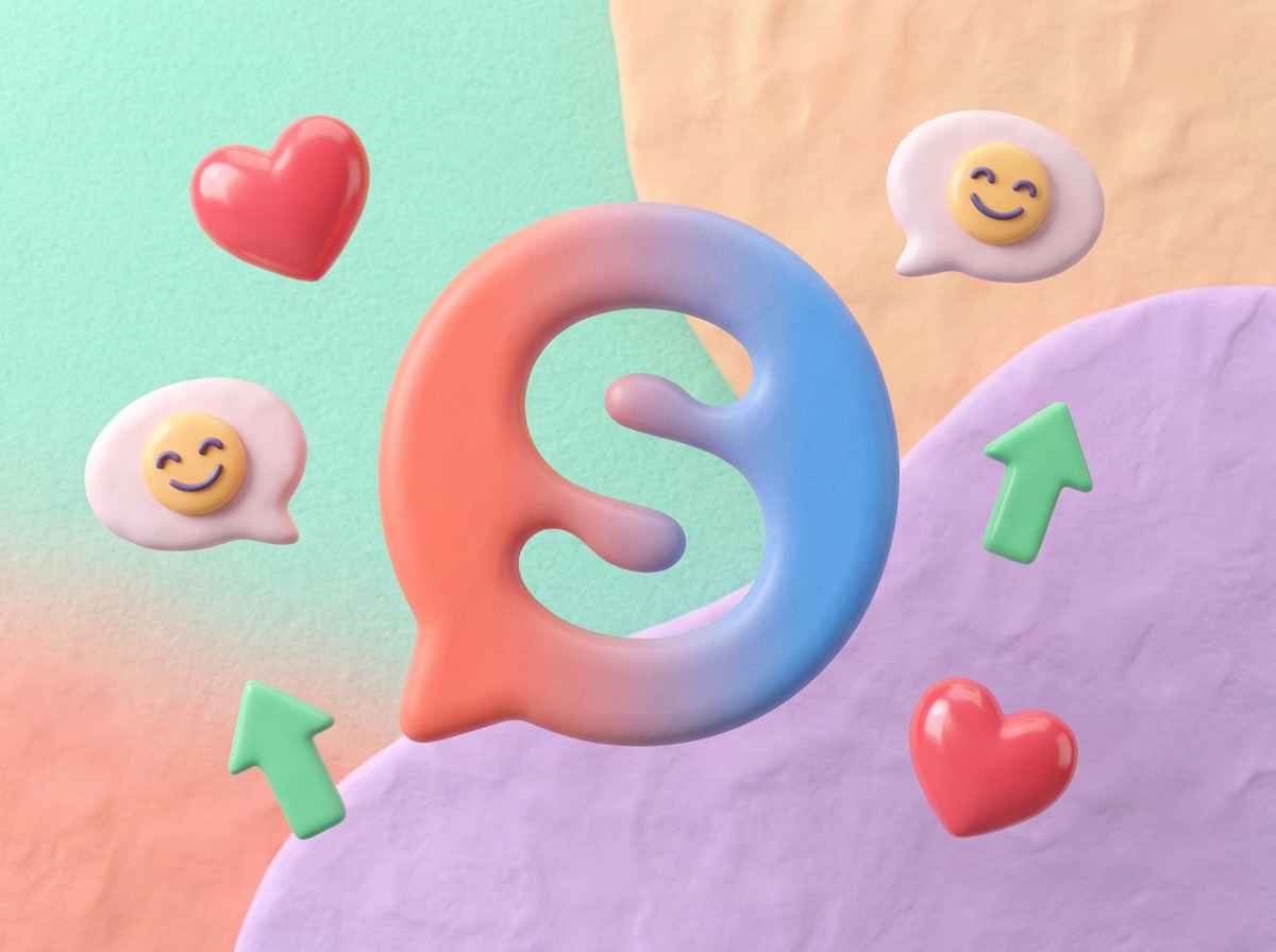 Creative composition of a large social media app logo surrounded by 3D icons representing engagement, likes, and growth arrows. The background is a soft, textured pastel color, giving a modern and friendly vibe. 4:3