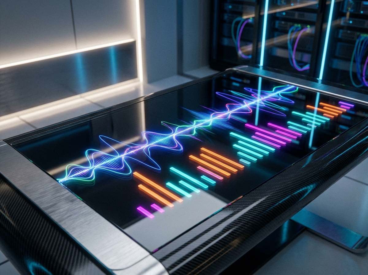 A futuristic digital music interface featuring glowing sound waves and neon audio bars on a dark sleek glass surface. The atmosphere is high-tech and modern with soft ambient lighting. No text or people. 4:3