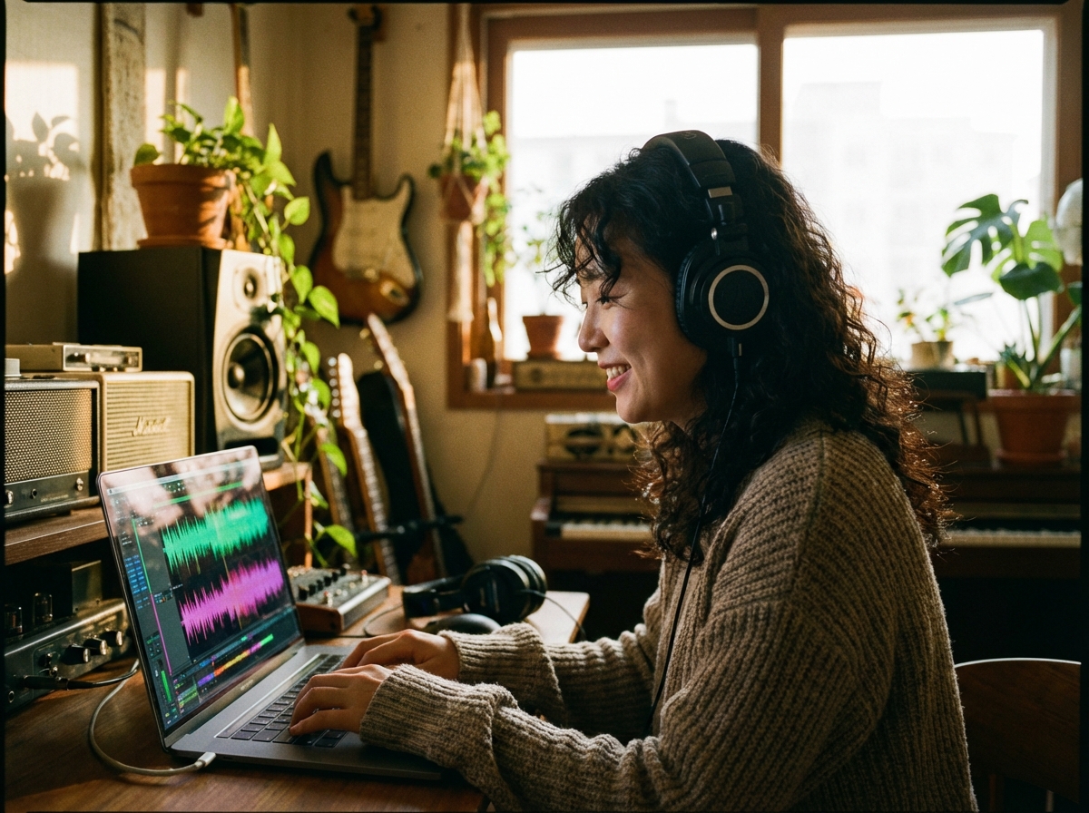 A Korean musician wearing professional studio headphones working on a laptop in a cozy home studio. The screen shows colorful audio waveforms. Warm lighting with a natural lifestyle atmosphere. No text. 4:3