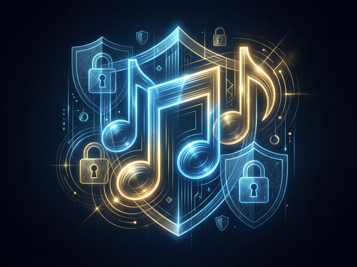 An abstract composition representing digital security and copyright. Glowing musical notes are surrounded by subtle shield and lock icons in a clean infographic style. High contrast with blue and gold tones. No text. 4:3