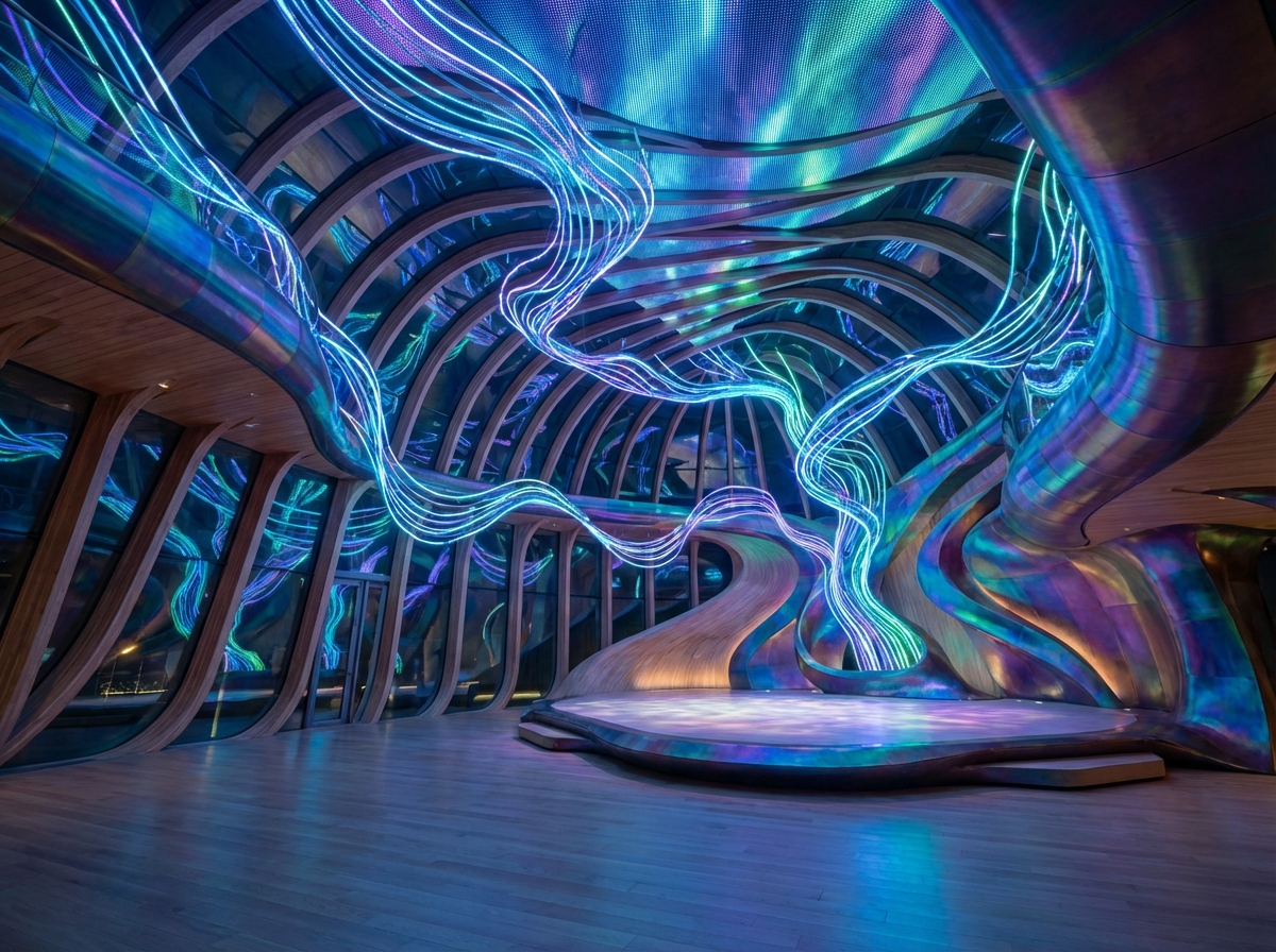 A wide view of a modern futuristic concert hall with artistic digital light installations blending with the physical architecture. Ethereal and creative atmosphere. No text or people. 4:3