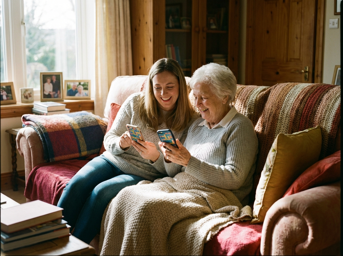 A warm and cozy indoor setting where an elderly grandmother and her adult granddaughter are sitting together on a sofa, looking at their smartphones and smiling. They are playing a digital word game together. The lighting is soft and natural, creating a heartwarming family atmosphere. 4:3