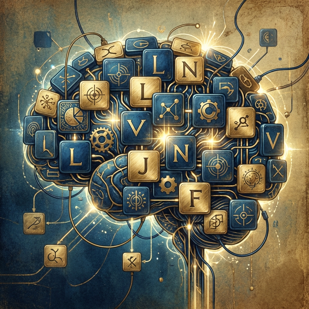 An artistic illustration representing strategy and analysis. It features abstract shapes of letter tiles connecting like a brain or a complex network. The colors are deep blue and gold, symbolizing intelligence and premium quality. No text included. 1:1