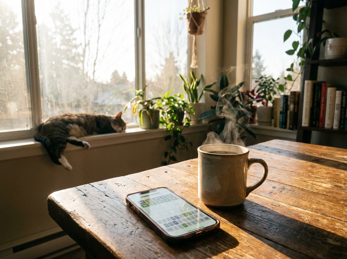 A peaceful morning scene with a cup of coffee on a wooden table next to a smartphone. The sunlight streams through a window, illuminating the space. The phone screen shows a simple grid-based word game. The vibe is calm and productive. 4:3