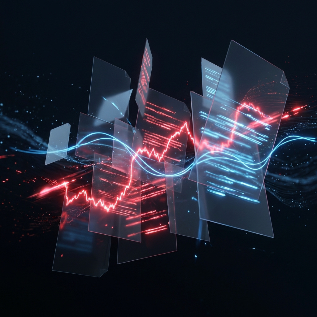 An abstract 3D rendering of digital document pages floating in a dark space. Some lines of text are glowing in red to represent errors, while others are blue. No text characters are recognizable. Conceptual art, high contrast, 1:1