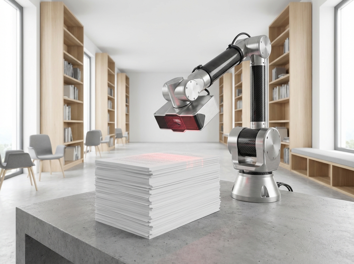 A large stack of white academic papers in a clean, minimalist library. A sophisticated robotic arm with a laser scanner is inspecting the papers. Photorealistic, bright studio lighting, soft shadows, 4:3