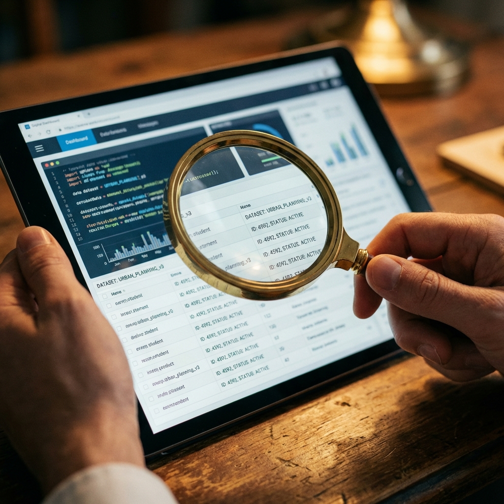 A close-up of a magnifying glass held by a hand, focusing on a tablet screen showing structured data and text. The focus is sharp on the screen under the lens. Warm indoor lighting, realistic, 1:1