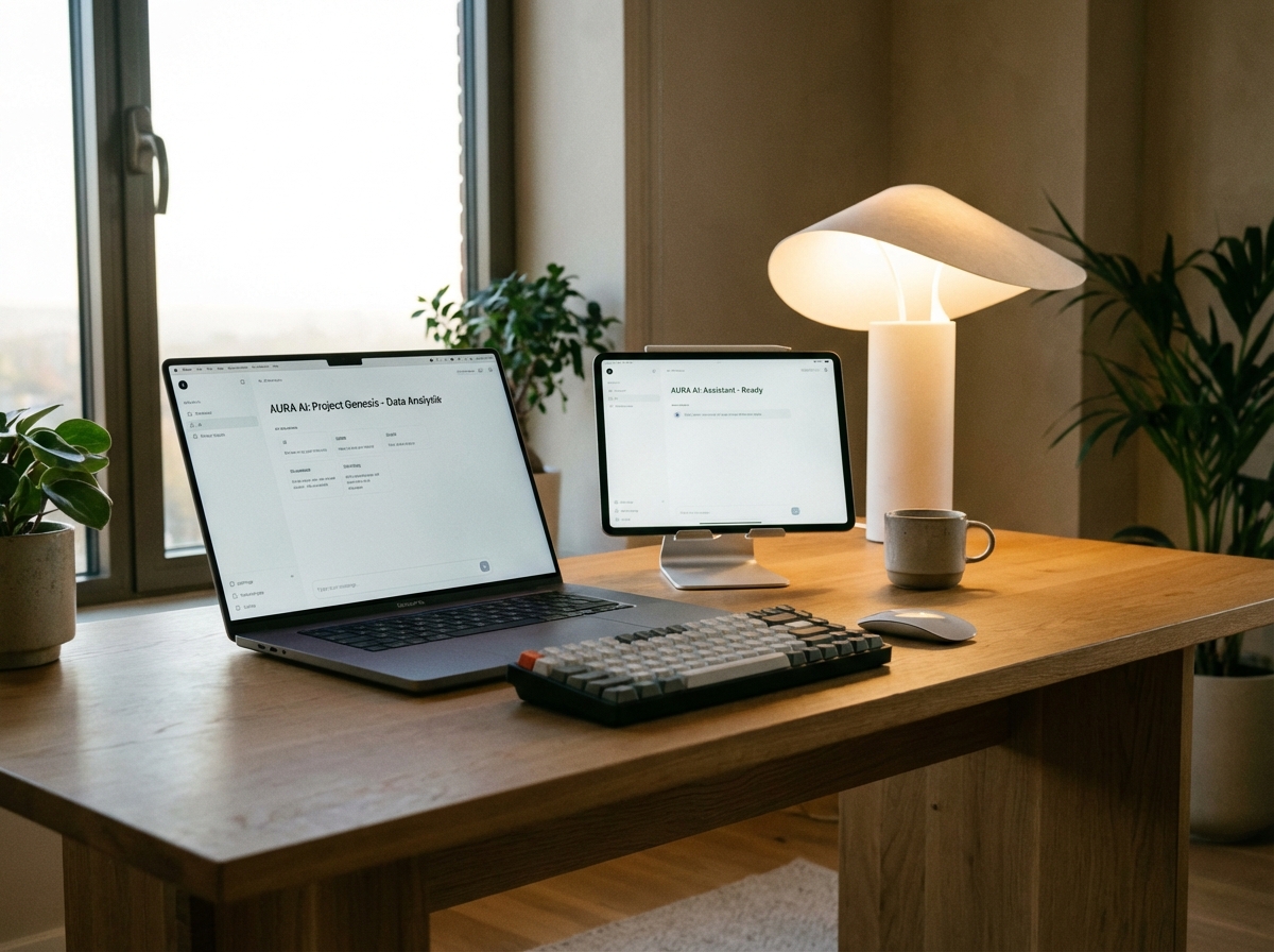 A modern workspace with an iPad and a MacBook Pro showing a clean AI interface on screen, soft lighting, 4:3