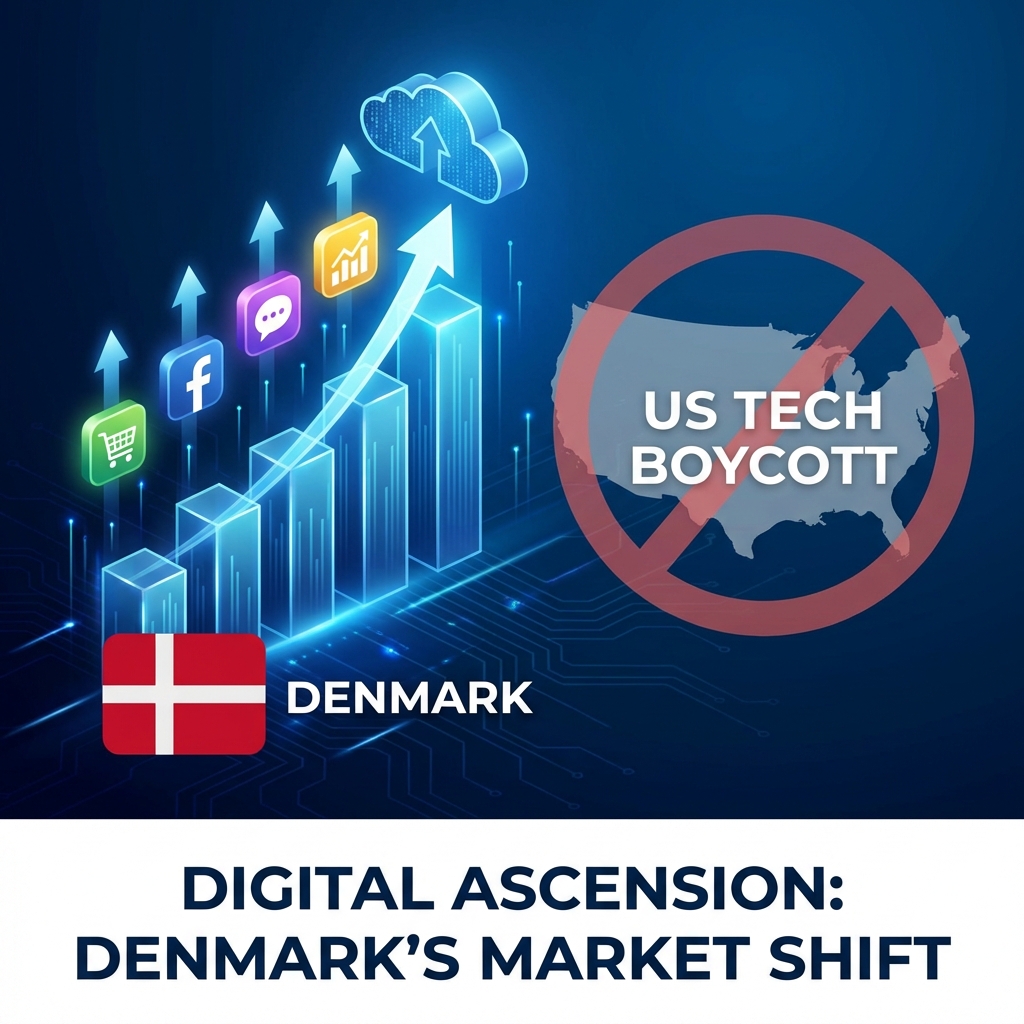 A clean infographic showing the Denmark flag and several mobile app icons rising to the top of a digital chart. The scene includes a subtle red circle with a slash symbol over a generic US map background to represent a boycott. High contrast, modern layout. 1:1